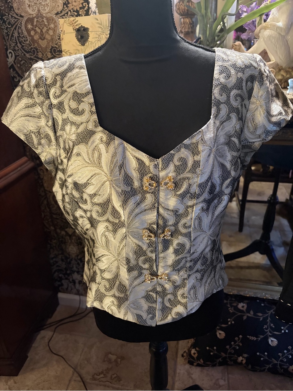 Embroidered Metallic Brocade top with Gold Beaded Accents